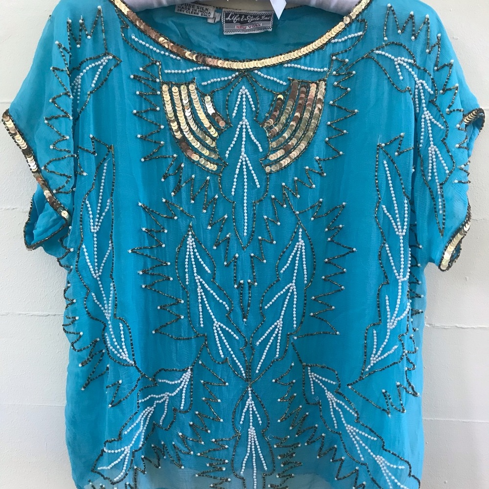 80’s vintage silk chiffon Pearl Beaded Sequin Blouse Top life & style inc - Picture 3 of 13